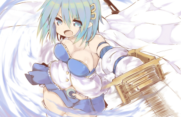 armband blue_eyes blue_hair breasts cape cleavage gloves hair_ornament hairclip large_breasts lowres magical_girl mahou_shoujo_madoka_magica midriff miki_sayaka short_hair solo soul_gem sword teiru weapon