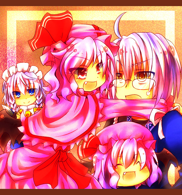 2girls ahoge bat_wings bow braid capelet closed_eyes eyes_closed fang glasses hair_bow hat hat_ribbon hug izayoi_sakuya long_sleeves maid maid_headdress morichika_rinnosuke multiple_girls naruse_saiba open_mouth pink_hair red_eyes remilia_scarlet ribbon short_hair silver_hair sweatdrop touhou twin_braids vampire wings yellow_eyes yukkuri_shiteitte_ne