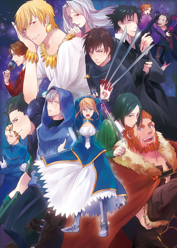 berserker_(fate/zero) black_keys caliburn caster_(fate/zero) command_spell dress emiya_kiritsugu everyone fate/zero fate_(series) gilgamesh gun handgun hood irisviel_von_einzbern kayneth_archibald_el-melloi kotomine_kirei lancer_(fate/zero) matou_kariya overhead_swing rider_(fate/zero) saber sword tohsaka_tokiomi toosaka_tokiomi uryuu_ryuunosuke waver_velvet weapon wine yashiro0409