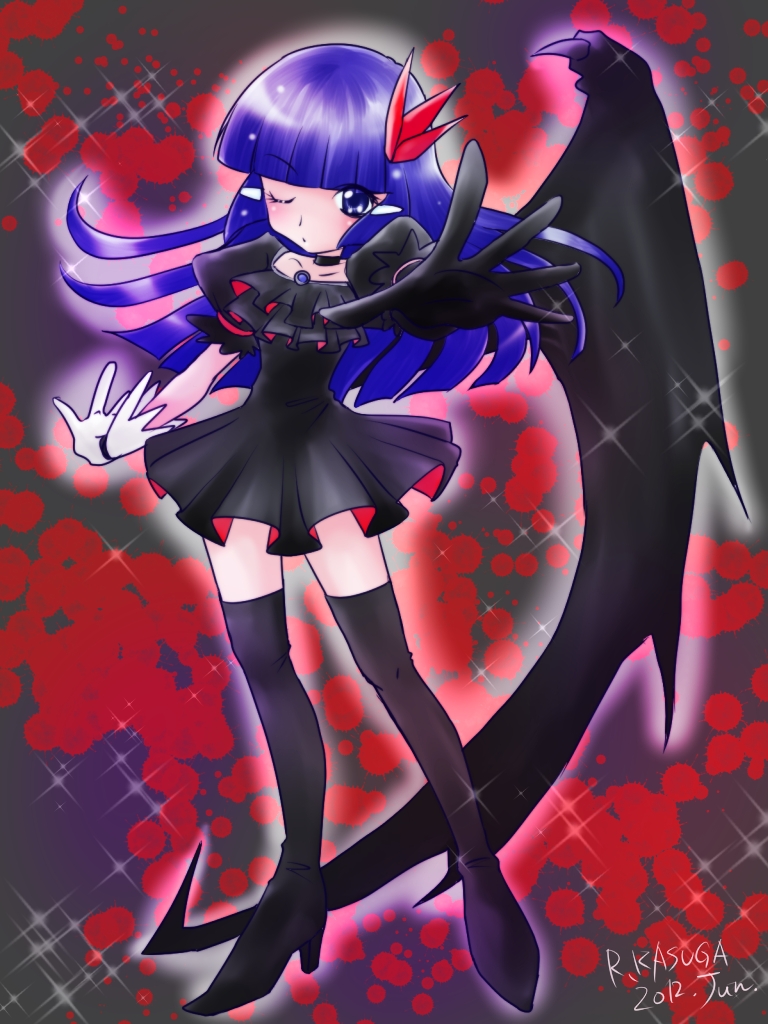2012 aoki_reika artist_name black_dress black_legwear blue_eyes blue_hair boots choker cosplay dark_precure dark_precure_(cosplay) dress gloves hair_ornament hairpin heartcatch_precure! long_hair outstretched_hand precure ruriruri single_elbow_glove single_glove single_wing skirt smile_precure! solo thigh-highs thigh_boots thighhighs wings wink