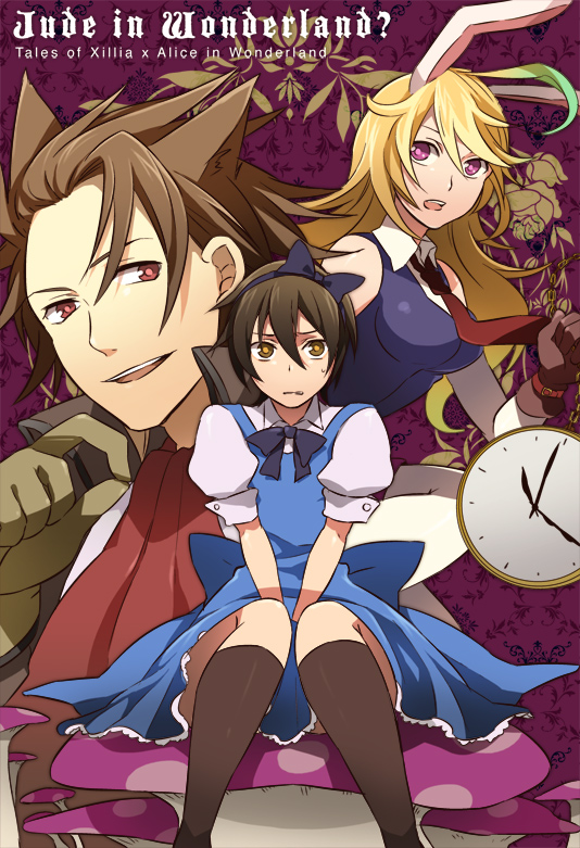 2boys alternate_costume alvin_(tales_of_xillia) animal_ears black_hair blonde_hair brown_eyes brown_hair bunny_ears cat_ears clock cravat crossdressing dress gloves jude_mathis kemonomimi_mode long_hair milla_maxwell multiple_boys noko_(artist) purple_background purple_eyes rabbit_ears smile tales_of_(series) tales_of_xillia v_arms violet_eyes yellow_eyes