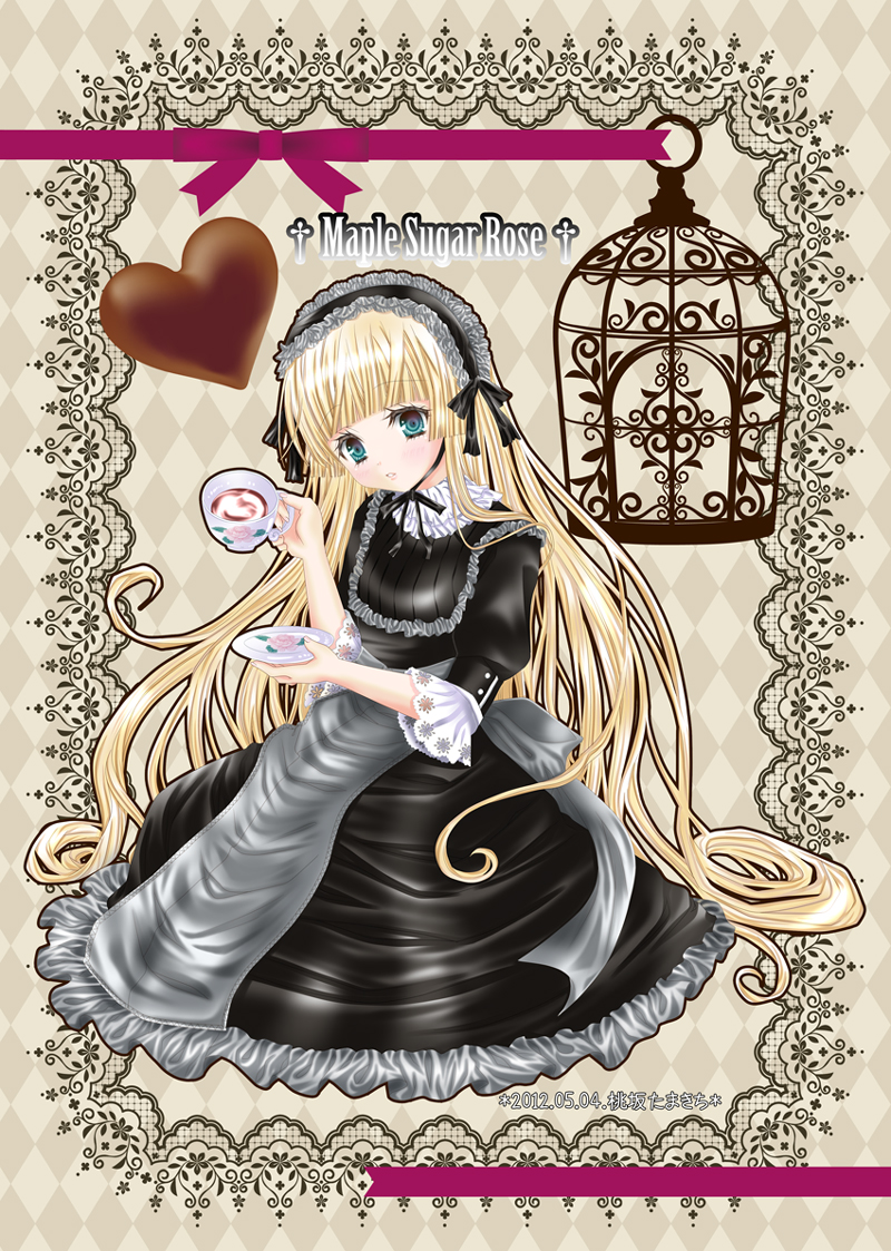 2012 aqua_eyes argyle argyle_background birdcage black_dress blonde_hair cage cup dated doily dress frame gosick gothic_lolita heart lolita_fashion lolita_hairband long_hair msrose-t ribbon sitting solo tea teacup teapot victorica_de_blois