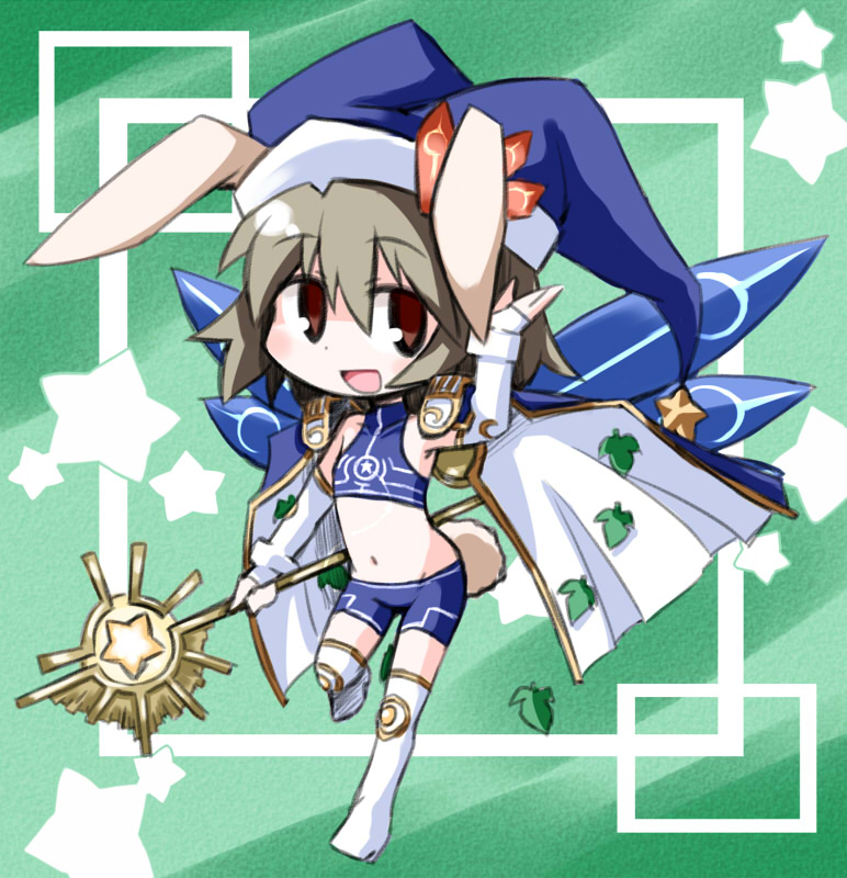 animal_ears battle_spirits bunny_ears chibi crop_top hat kugelschreiber leaf midriff navel open_mouth rabbit_ears short_hair smile solo