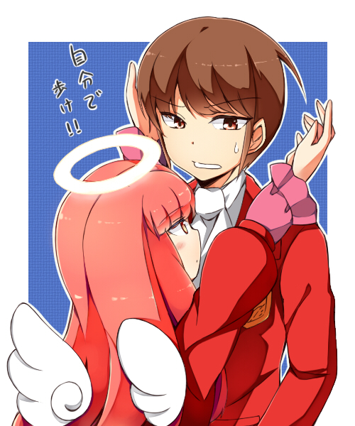 1girl brown_eyes brown_hair goddess halo height_difference incoming_hug kami_nomi_zo_shiru_sekai katsuragi_keima long_hair red_hair redhead school_uniform short_hair soto_miyako translated vulcan_(kaminomi) wings yellow_eyes
