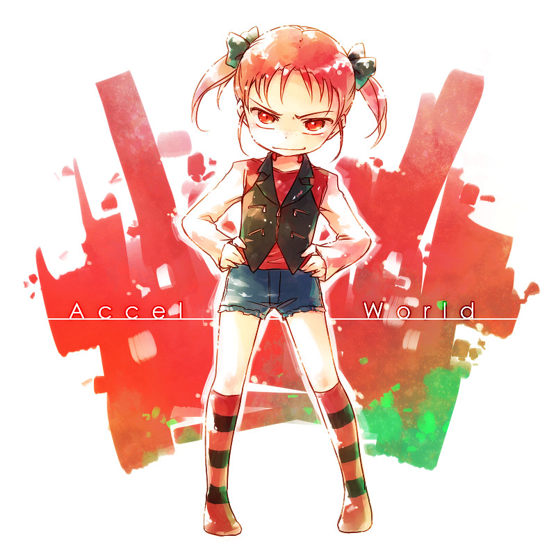 accel_world freckles hair_ribbon kneehighs kouzuki_yuniko rakuni red_eyes red_hair redhead ribbon short_twintails shorts solo title_drop twintails
