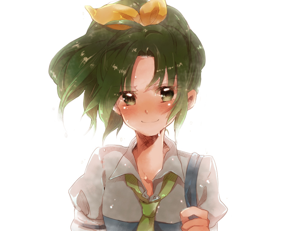 blush bust face green_eyes green_hair kuzumochi long_hair midorikawa_nao necktie ponytail precure simple_background smile smile_precure! solo wet white_background
