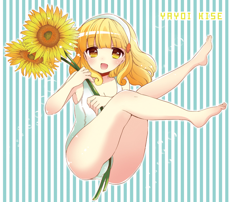barefoot blonde_hair character_name flower hairband kise_yayoi mozuya_murasaki one-piece_swimsuit open_mouth precure school_swimsuit short_hair smile smile_precure! solo striped striped_background sunflower swimsuit white_school_swimsuit yellow_eyes