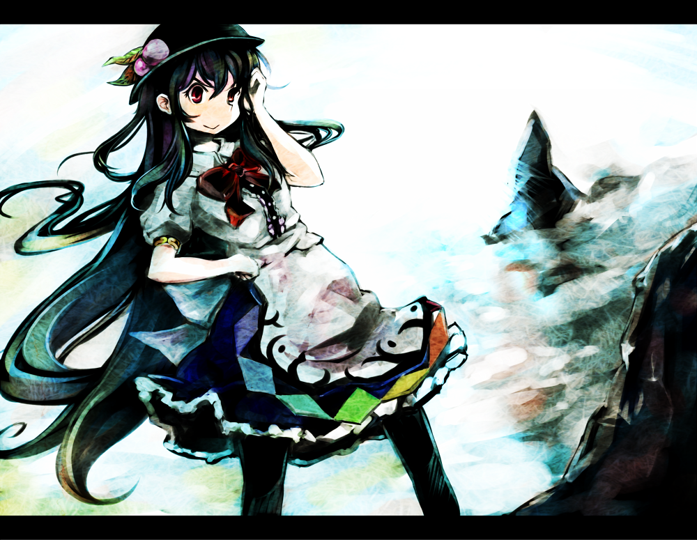 black_legwear blue_hair bow food frills fruit gradient_hair green_hair hat hinanawi_tenshi leaf long_hair multicolored_hair pantyhose peach puffy_sleeves purple_hair red_eyes rock short_sleeves smile solo touhou very_long_hair yagi_(sinnsyou)