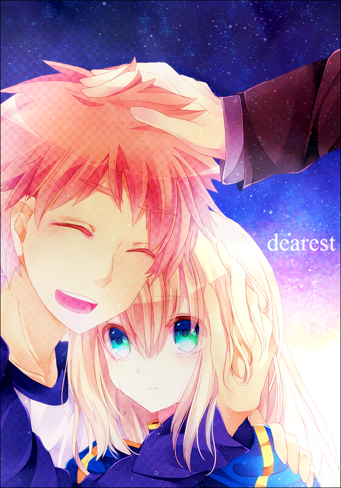 2boys ahoge ajuvyrvosjfj blonde_hair dress emiya_kiritsugu emiya_shirou fate/stay_night fate_(series) green_eyes hair_down hair_ribbon hand_in_hair hand_on_head hug multiple_boys red_hair redhead ribbon saber