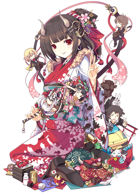 3girls ;q animal_ears black_hair blush_stickers brown_hair bull butterfly_hair_ornament cat copyright_request dog_ears earrings fan fish gloves guitar hair_ornament hairclip holding horns instrument japanese_clothes japanese_flag jewelry kimono kneeling looking_at_viewer mikoto_akemi multiple_boys multiple_girls red_eyes sitting star tongue v white_gloves white_hair wink