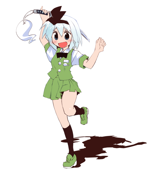:d black_legwear blue_eyes blush hairband kneehighs konpaku_youmu nanaroku_(fortress76) open_mouth pleated_skirt short_hair silver_hair simple_background skirt skirt_set smile solo sword touhou weapon white_background