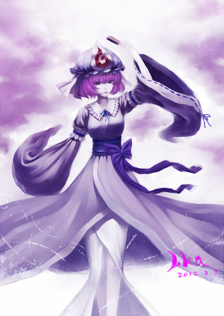 arm_up bow closed_fan dated fan folding_fan hat japanese_clothes kimono large_bow pale_skin purple purple_eyes purple_hair saigyouji_yuyuko short_hair signature solo touhou violet_eyes wide_sleeves zimajiang