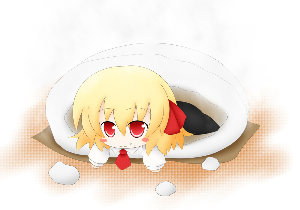:3 ass blonde_hair blush_stickers dress_shirt food food_on_face hair_ribbon kuroyume_(dark495) mochi paper red_eyes ribbon rumia shirt short_hair skirt solo touhou wagashi