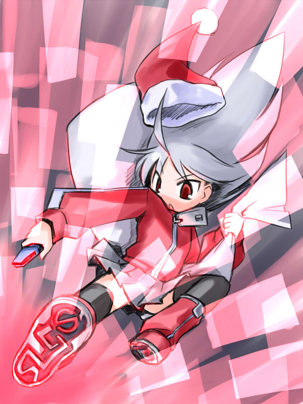 female grey_hair hat kamen_rider kamen_rider_555 kugelschreiber long_hair parody red_eyes santa_hat skirt solo suguri suguri_(character) suguri_(game)