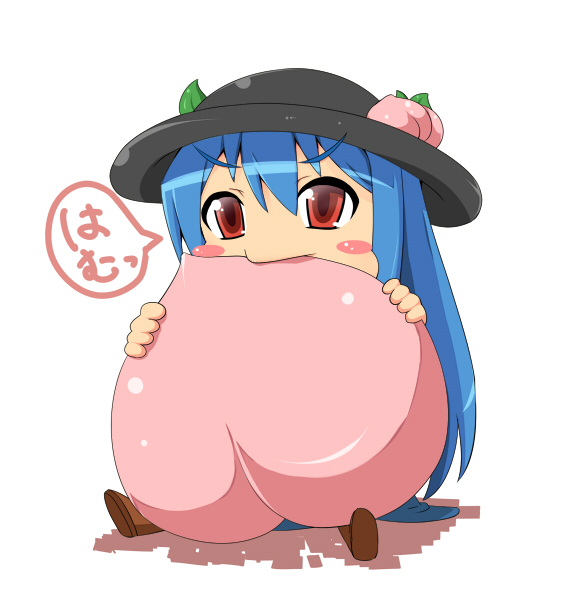 amau_(artist) blue_hair blush_stickers chibi eating food fruit hat hinanawi_tenshi leaf long_hair peach red_eyes simple_background solo touhou translation_request very_long_hair