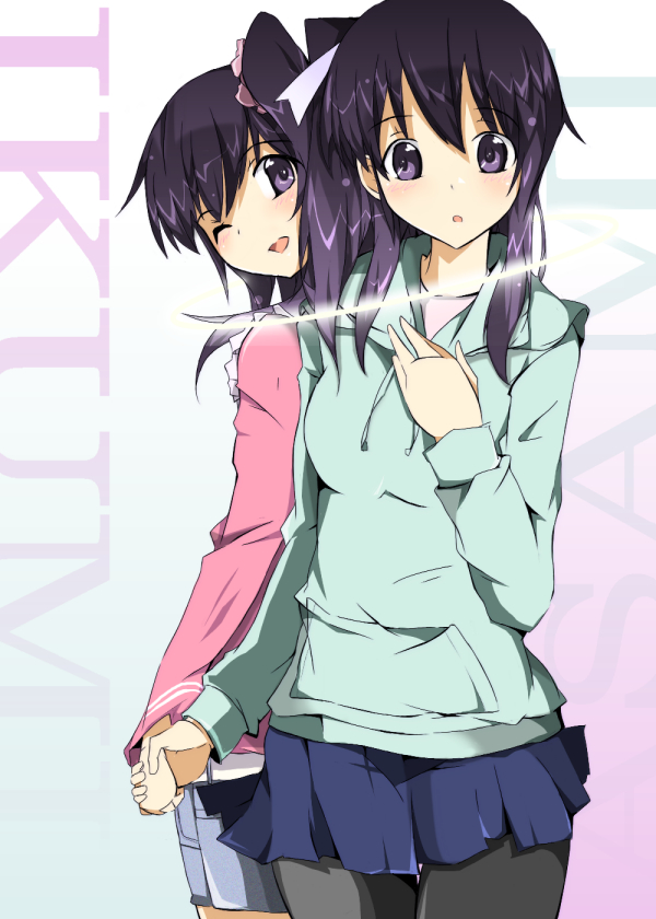 back-to-back blush holding hoodie kami_nomi_zo_shiru_sekai long_hair miniskirt multiple_girls pantyhose purple_eyes purple_hair siblings side_ponytail sisters skirt trefle_r twins violet_eyes wink yoshino_asami yoshino_ikumi