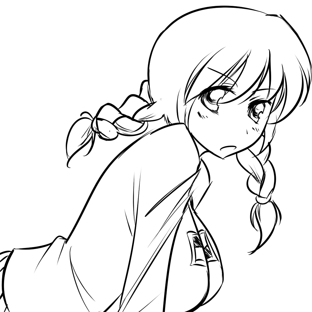 bent_over blush braid breasts large_breasts leaning_forward lineart long_hair madotsuki maullarmaullar monochrome solo sweater twin_braids yume_nikki