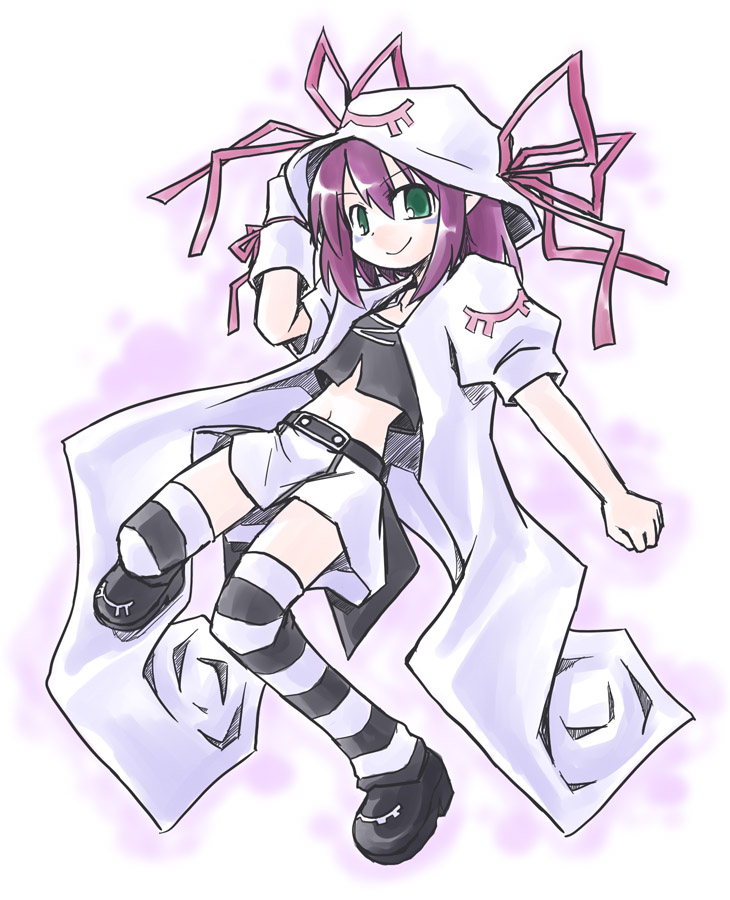 green_eyes kugelschreiber looking_at_viewer merry_nightmare purple_hair ribbon skirt smile solo striped striped_legwear thigh-highs thighhighs yumekui_merry