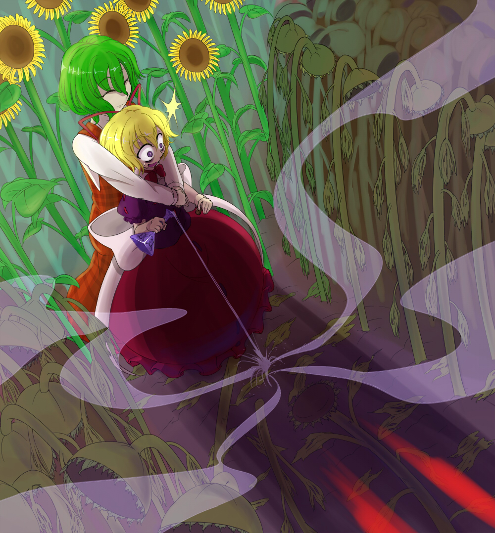 2girls bottle cork dress flower green_hair hair_ribbon hug kazami_yuuka medicine_melancholy mojo-unk open_mouth poison potion purple_eyes red_eyes red_ribbon ribbon shadow short_hair smile sunflower touhou violet_eyes you_gonna_get_raped