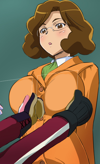 blazer blush breast_press breasts brown_eyes brown_hair formal from_below glasses gloves haruyama horike_sensei_(smile_precure) necktie precure smile_precure! suit track_suit