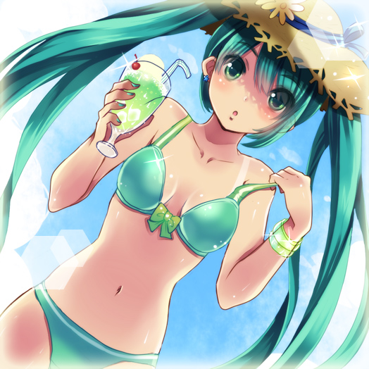 bikini bracelet cloud clouds drink dutch_angle earrings glass green_eyes green_hair hat hatsune_miku jewelry long_hair navel ruchiru_(nico_seiga) sky solo sparkle straw_hat strawhat sun_hat swimsuit tan tanline twintails very_long_hair vocaloid