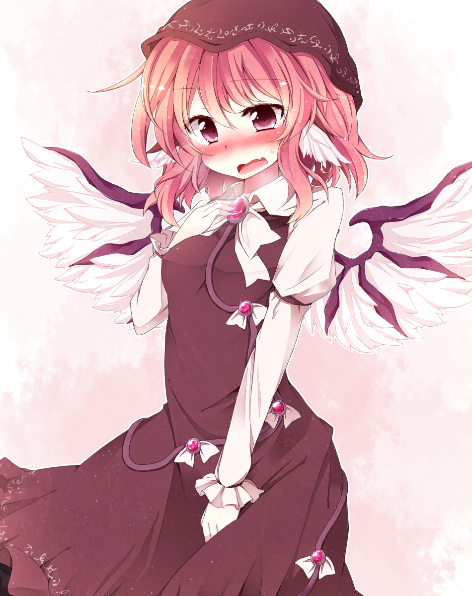 animal_ears blush breasts brooch brown_dress dress ear_piercing earrings fang fuuen_(akagaminanoka) hand_on_own_chest hat highres jewelry mystia_lorelei open_mouth piercing pink_hair purple_eyes shirt short_hair solo touhou violet_eyes wavy_mouth wings