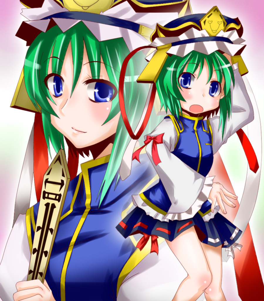 blush dokanmania frills green_hair hat long_sleeves miniskirt open_mouth rod rod_of_remorse shikieiki_yamaxanadu short_hair skirt smile touhou wide_sleeves