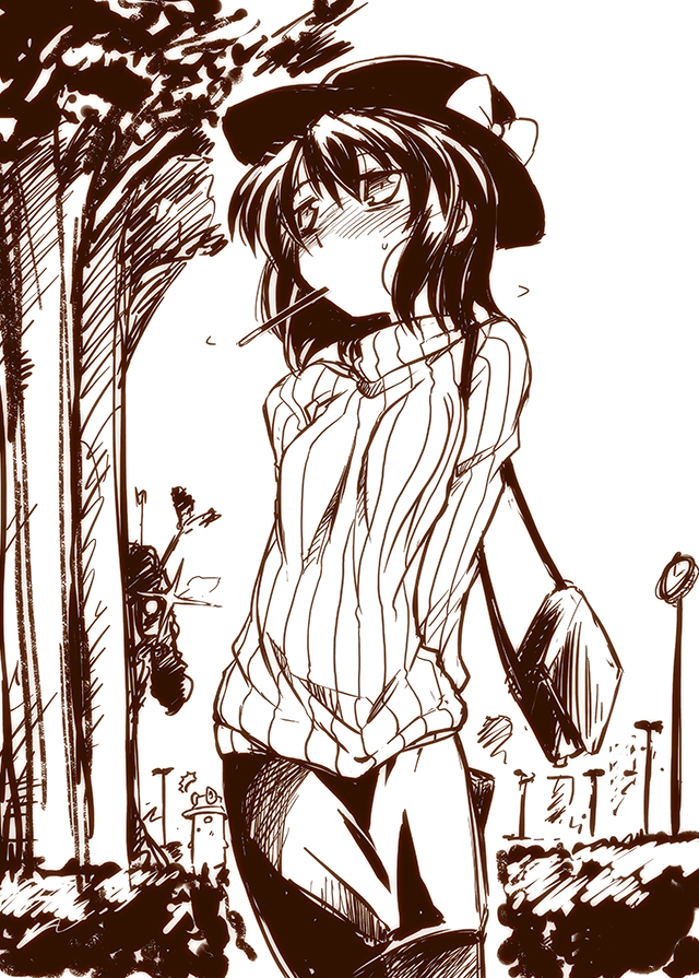 2girls arms_behind_back bag blush bow camera eating hat hat_bow lamppost maribel_hearn monochrome multiple_girls pocky ribbed_sweater short_hair skirt sweater takana_shinno touhou usami_renko