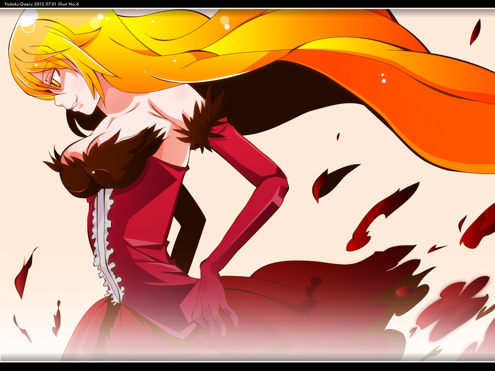 bare_shoulders blonde_hair breasts cleavage dress elbow_gloves gloves kissshot_acerolaorion_heartunderblade kizumonogatari letterboxed long_hair monogatari_(series) profile red_dress solo yadokugaeru yellow_eyes