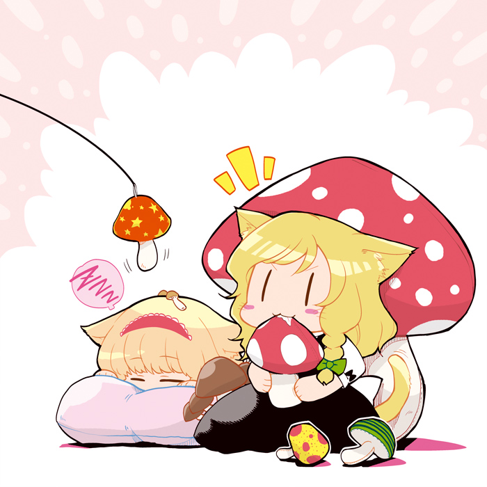 2girls alice_margatroid animal_ears blonde_hair blush_stickers bow braid cat_ears cat_tail eating food hair_bow hairband hat hat_removed headwear_removed kirisame_marisa long_hair long_skirt megumiya multiple_girls mushroom pillow short_hair short_sleeves side_braid single_braid skirt sleeping star tail touhou whiskers