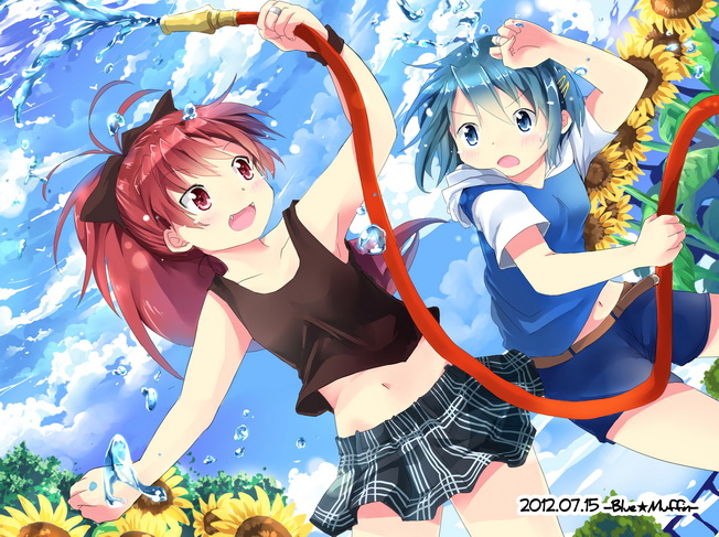 blue_eyes blue_hair blush bow flower gleision_adain hair_bow hair_ornament hairclip mahou_shoujo_madoka_magica midriff miki_sayaka multiple_girls navel open_mouth plaid plaid_skirt ponytail red_eyes red_hair redhead sakura_kyouko short_hair skirt sunflower tank_top water