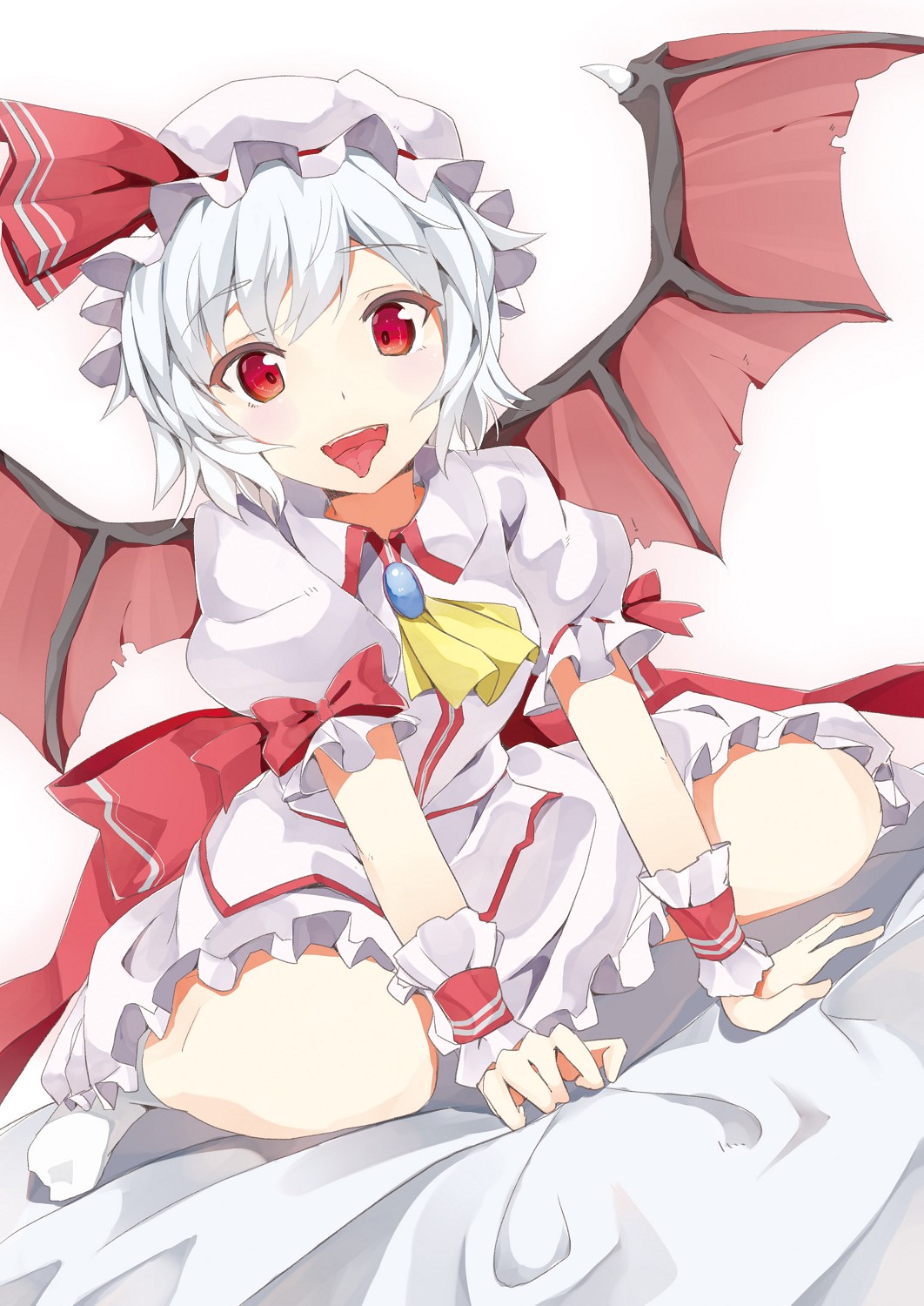 :d ascot bat_wings blue_hair demon_wings frills hat hat_ribbon highres looking_at_viewer open_mouth red_eyes remilia_scarlet ribbon short_sleeves silver_hair sitting smile snowflyer solo tongue tongue_out touhou vampire wings wrist_cuffs