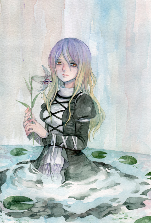 blonde_hair dress flower gradient_hair hijiri_byakuren holding lily_(flower) lily_pad long_hair long_sleeves multicolored_hair orange_eyes pale_color pinkxxxna purple_hair ribbon sad solo touhou traditional_media water watercolor_(medium) wet wet_clothes