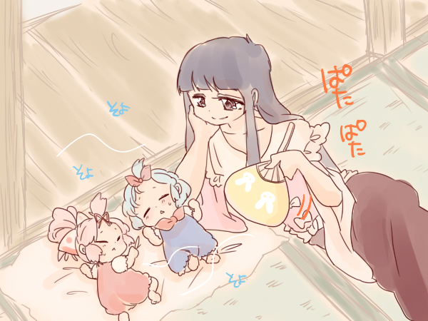 baby black_hair closed_eyes eyes_closed fan fujiwara_no_mokou grey_eyes hair_ribbon houraisan_kaguya kamishirasawa_keine komaku_juushoku lying multiple_girls on_back pillow pink_hair ribbon shirt silver_hair skirt touhou