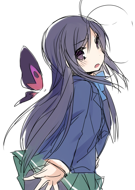 :o accel_world ahoge antenna_hair black_eyes black_hair blush bow butterfly kuroyukihime long_hair mizuki_(koko_lost) open_mouth pantyhose purple_eyes school_uniform sketch skirt solo