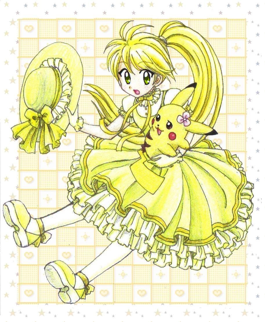 alternate_costume blush_stickers brown_eyes checkered checkered_background chikorita85 chuchu_(pokemon) dress flower frilled_dress frills green_eyes hair_flower hair_ornament hat heart heart_background holding holding_hat long_hair looking_at_viewer looking_back monochrome partially_colored pikachu pokemon pokemon_special ponytail shoes sitting spot_color star starry_background traditional_media very_long_hair yellow yellow_(pokemon) yellow_background yellow_dress