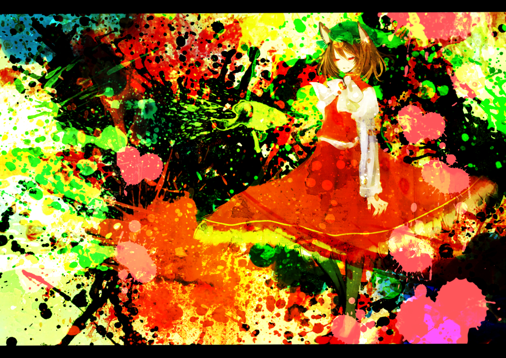 animal_ears bad_id bow brown_hair cat_ears chen hat long_skirt long_sleeves mirimo red_eyes short_hair skirt solo touhou