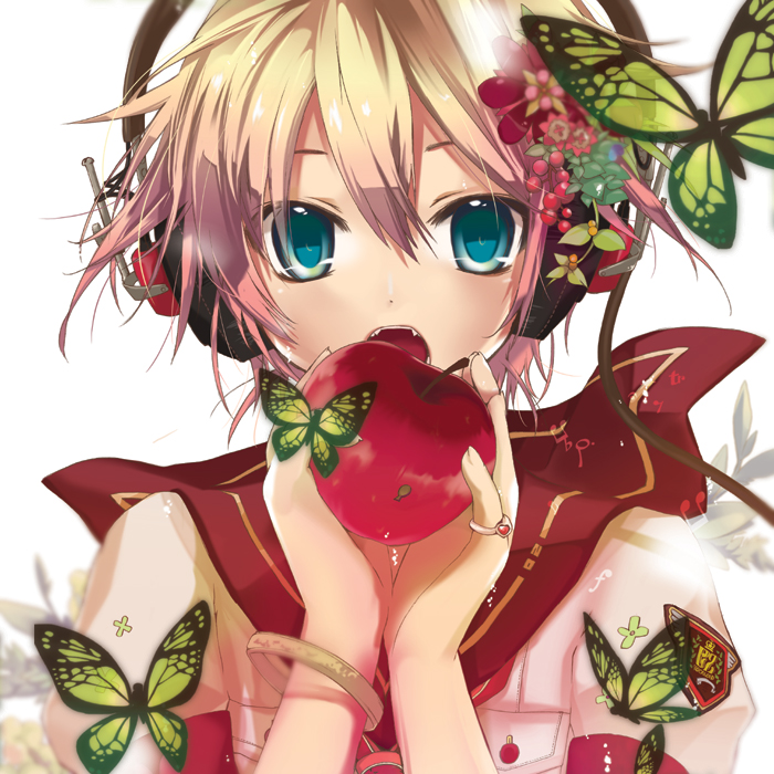 androgynous apple blonde_hair blue_eyes butterfly fang food fruit headphones hekicha jewelry kagamine_len kimono male open_mouth ring trap vocaloid