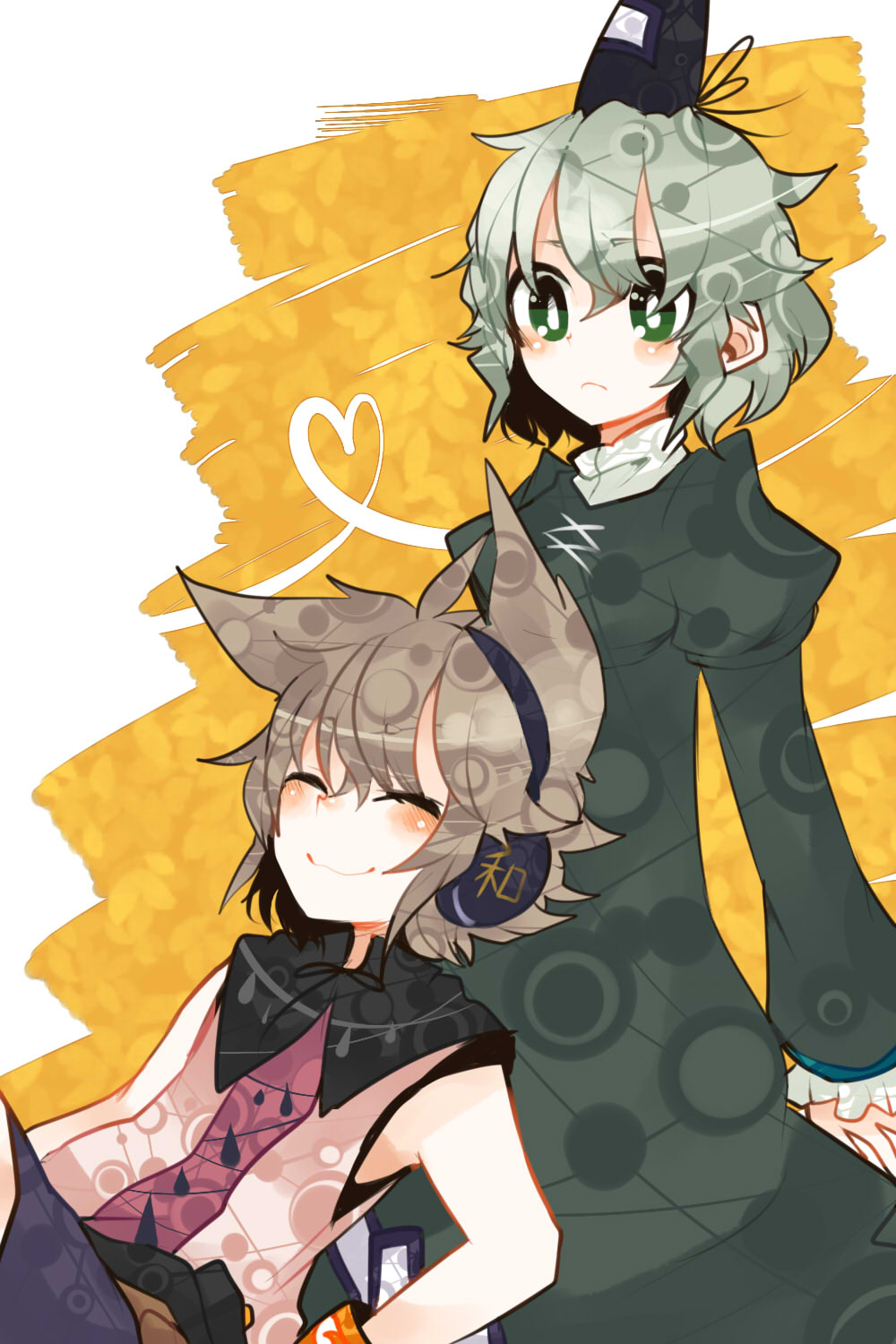 bad_id blush breasts brown_hair closed_eyes dress earmuffs eyes_closed green_dress green_eyes green_hair hat highres multiple_girls ringetsumon short_hair sitting skirt sleeveless sleeveless_shirt smile soga_no_tojiko tate_eboshi touhou toyosatomimi_no_miko