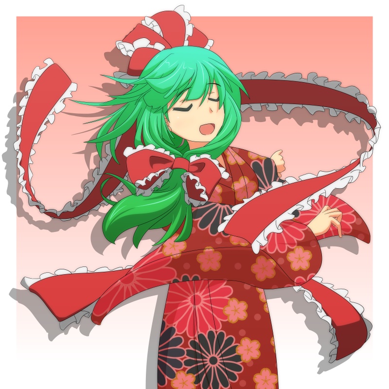 alternate_costume cato_(monocatienus) cherry_blossoms chrysanthemum closed_eyes eyes_closed floral_print flower front_ponytail gradient gradient_background green_hair japanese_clothes kagiyama_hina kimono long_hair monocatienus open_mouth ribbon shadow solo touhou