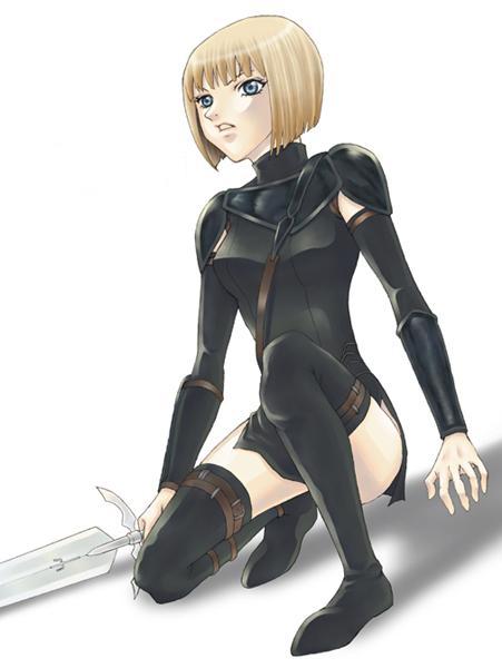 1girl black_legwear blue_eyes bob_cut boots clare_(claymore) claymore claymore_(sword) detached_sleeves ichigowish kneeling pauldrons short_hair solo sword thigh-highs thigh_boots thigh_strap thighhighs vambraces weapon