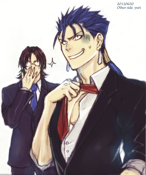 bespectacled black_hair blue_hair brown_hair earrings fate/stay_night fate_(series) formal glasses jewelry kotomine_kirei lancer long_hair male multiple_boys necktie ponytail sparkle suit yuri_(k_a_other)