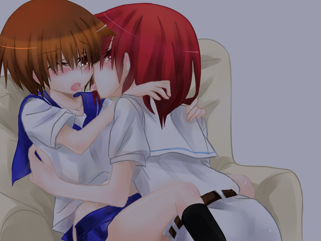 2girls after_kiss blush brown_hair incest kimi-la miyanaga_saki miyanaga_teru multiple_girls red_hair redhead saki school_uniform serafuku short_hair siblings sisters sitting yuri