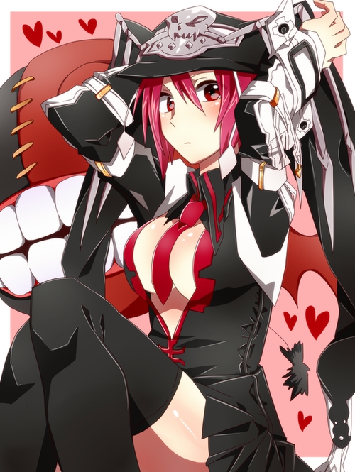 arms_up between_breasts black_legwear breasts erigamine guilty_gear guilty_gear_2 hat heart jester_cap necktie red_eyes red_hair redhead skirt solo thigh-highs thighhighs valentine_(guilty_gear) zettai_ryouiki