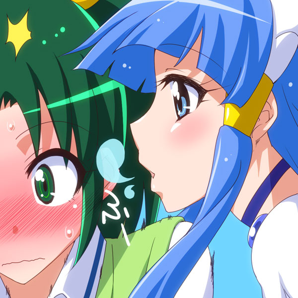 aoki_reika bangs blowing blue_eyes blue_hair blunt_bangs blush choker cure_beauty ear_blowing green_eyes green_hair hair_tubes long_hair magical_girl midorikawa_nao mikagami_sou multiple_girls ponytail precure profile school_uniform short_hair smile_precure! surprised sweatdrop wavy_mouth
