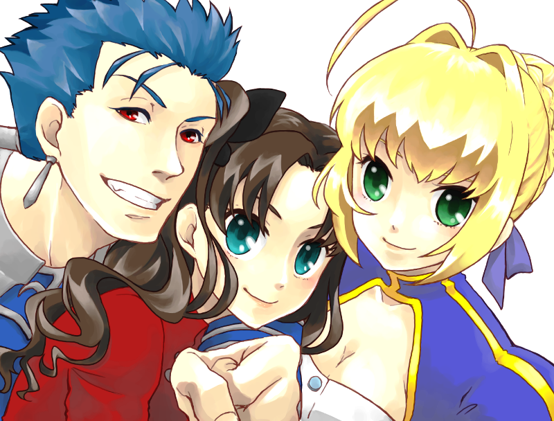 2girls ahoge blonde_hair blue_eyes blue_hair brown_hair earrings fate/stay_night fate_(series) green_eyes hair_ribbon jewelry lancer long_hair multiple_girls ponytail red_eyes ribbon saber shanks-ace tohsaka_rin toosaka_rin two_side_up