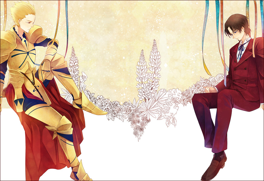 armor blonde_hair blue_eyes brown_hair earrings facial_hair fate/zero fate_(series) formal gilgamesh goatee jewelry male multiple_boys sakahisa suit tohsaka_tokiomi toosaka_tokiomi