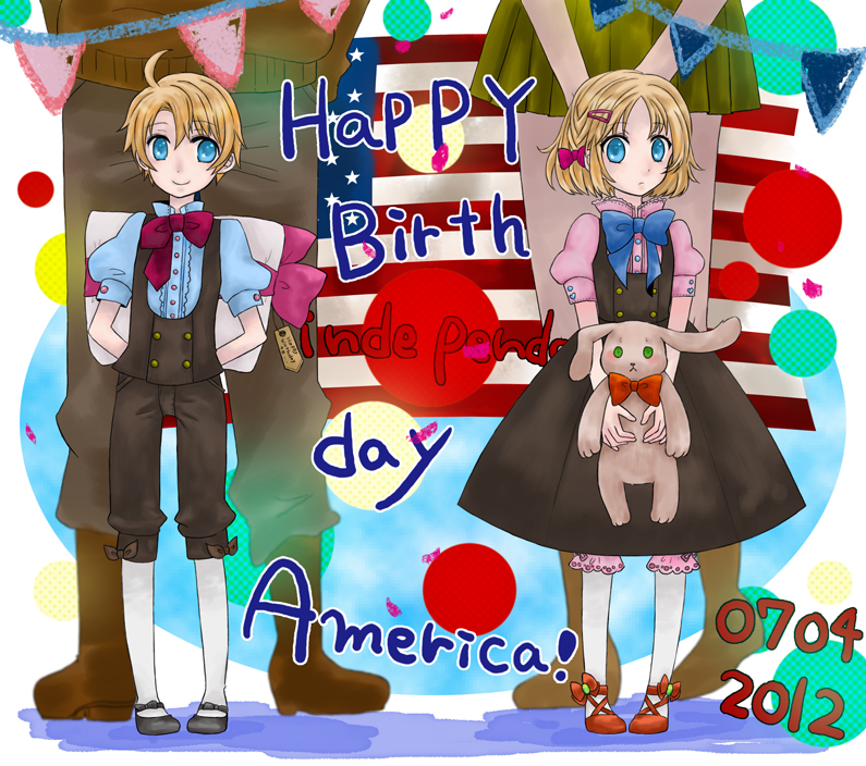 2girls ahoge america_(hetalia) axis_powers_hetalia bad_id blonde_hair blue_eyes child dual_persona fourth_of_july genderswap gift hair_ornament hairclip mkmx multiple_boys multiple_girls pantyhose stuffed_animal stuffed_toy young