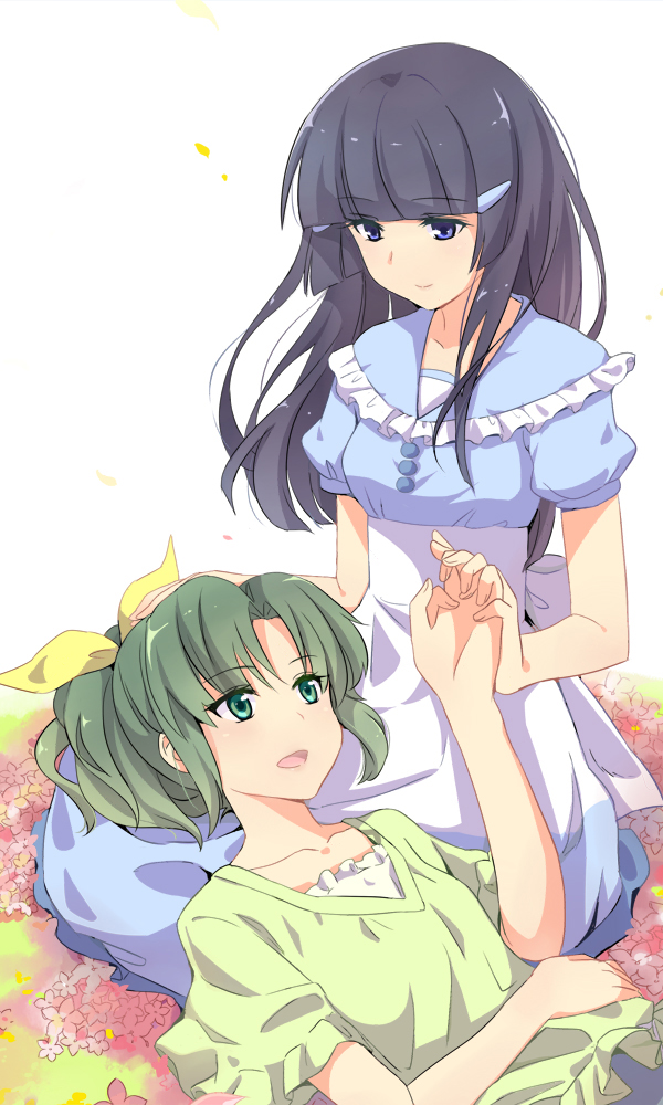 aoki_reika blue_eyes blue_hair dress flower green_eyes green_hair hands_together lap_pillow long_hair midorikawa_nao misu_kasumi multiple_girls ponytail precure short_hair smile smile_precure! yuri