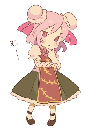 bad_id bandage bandages bun_cover chibi chin_stroking chinese_clothes double_bun hair_bun ibaraki_kasen keyaki_(mora_ll) lowres no_nose pigeon-toed pink_eyes pink_hair rough short_hair simple_background skirt solo tabard touhou white_background